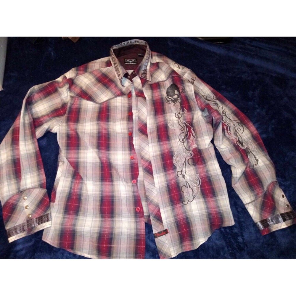 Fender Button Up By Rock N Roll Religion Metal Snaps All Over Embroidered XL